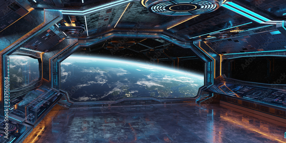 Poster Grunge Spaceship interior with view on planet Earth 3D rendering