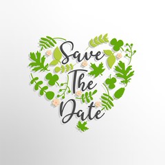 Save the date text with green leaves and heart background 