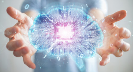 Businessman creating artificial intelligence in a digital brain 3D rendering