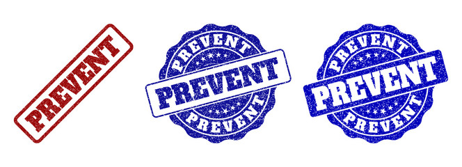 PREVENT grunge stamp seals in red and blue colors. Vector PREVENT labels with draft style. Graphic elements are rounded rectangles, rosettes, circles and text labels.