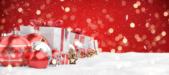 Fototapeta na wymiar Red christmas baubles and gifts background 3D rendering