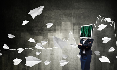 Business woman with monitor instead of head.