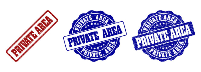 PRIVATE AREA scratched stamp seals in red and blue colors. Vector PRIVATE AREA labels with distress effect. Graphic elements are rounded rectangles, rosettes, circles and text labels.