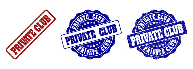 Obraz premium PRIVATE CLUB grunge stamp seals in red and blue colors. Vector PRIVATE CLUB watermarks with grunge surface. Graphic elements are rounded rectangles, rosettes, circles and text tags.