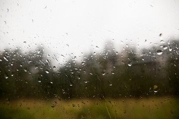 Rain drops falling from roof with blurry green tree as background.