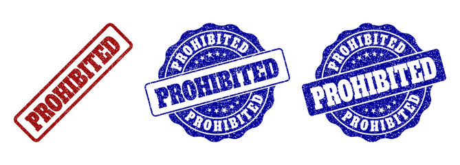 Obraz premium PROHIBITED grunge stamp seals in red and blue colors. Vector PROHIBITED marks with grunge effect. Graphic elements are rounded rectangles, rosettes, circles and text tags.