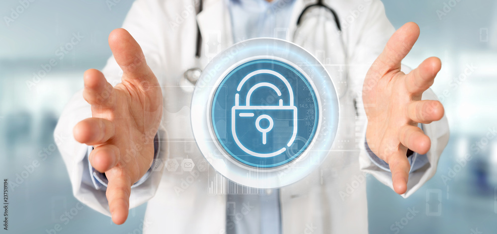 Poster doctor holding security padlock wheel icon with stats and binary code 3d rendering