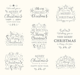 Christmas greeting cards with decorations and wishes - collection. Vector.