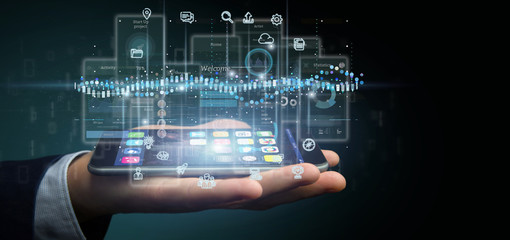Businessman holding User interface screens with icon, stats and data 3d rendering