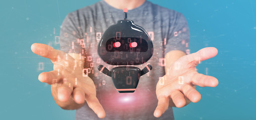 Businessman holding Virus chatbot with binary code 3d rendering