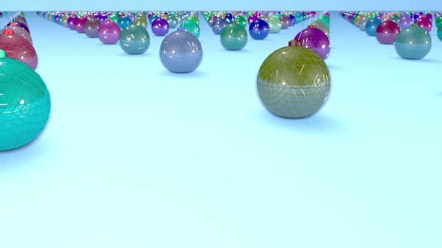 christmas balls on surface in a rows. 3d animation for new year compositions or background with depth of field. amera moves smoothly above the surface. Multi colored 2