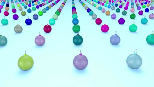 christmas balls on surface in a rows. 3d animation for new year compositions or background with depth of field. amera moves smoothly above the surface. Multi colored 13