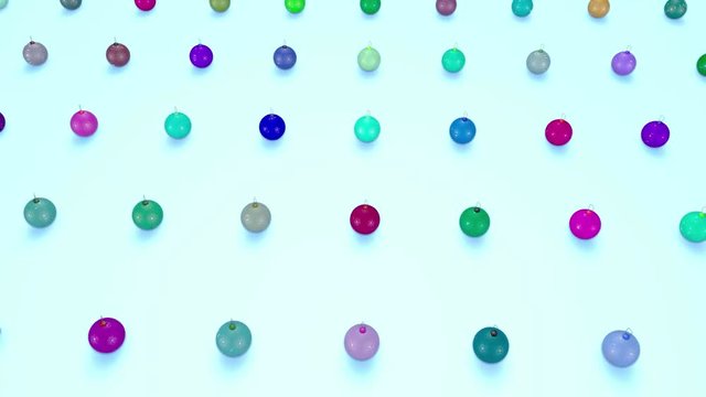 christmas balls on surface in a rows. 3d animation for new year compositions or background with depth of field. amera moves smoothly above the surface. Multi colored 14