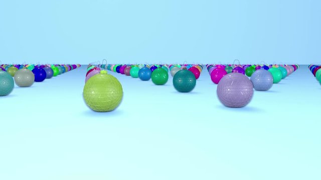 christmas balls on surface in a rows. 3d animation for new year compositions or background with depth of field. amera moves smoothly above the surface. Multi colored 15