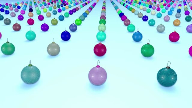christmas balls on surface in a rows. 3d animation for new year compositions or background with depth of field. amera moves smoothly above the surface. Multi colored 17