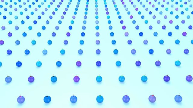 christmas balls on surface in a rows. 3d animation for new year compositions or background with depth of field. amera moves smoothly above the surface. Blue shades 3