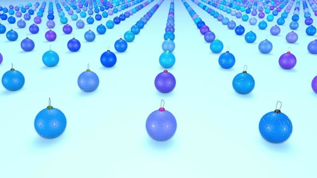 christmas balls on surface in a rows. 3d animation for new year compositions or background with depth of field. amera moves smoothly above the surface. Blue shades 4