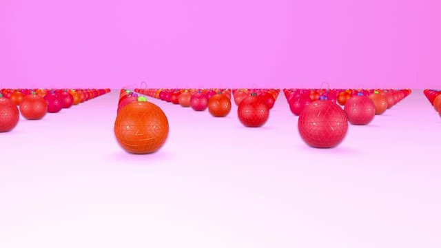 christmas balls on surface in a rows. 3d animation for new year compositions or background with depth of field. amera moves smoothly above the surface. Red shades 5