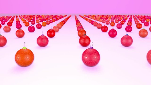 christmas balls on surface in a rows. 3d animation for new year compositions or background with depth of field. amera moves smoothly above the surface. Red shades 6