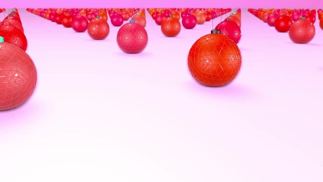 christmas balls on surface in a rows. 3d animation for new year compositions or background with depth of field. amera moves smoothly above the surface. Red shades 9