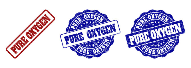 PURE OXYGEN grunge stamp seals in red and blue colors. Vector PURE OXYGEN labels with grainy texture. Graphic elements are rounded rectangles, rosettes, circles and text labels.