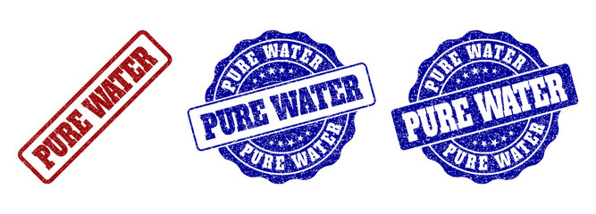 PURE WATER scratched stamp seals in red and blue colors. Vector PURE WATER marks with draft style. Graphic elements are rounded rectangles, rosettes, circles and text labels.