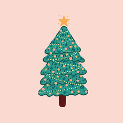 Vector of a Christmas tree with lights and a star.