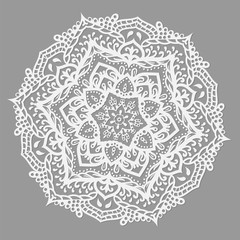 Round mandala with floral ornament. White pattern on a gray background