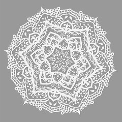 Round mandala with floral ornament. White pattern on a gray background