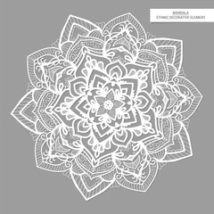 Round mandala with floral ornament. White pattern on a gray background