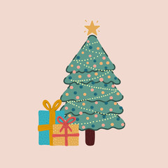 Vector of a Christmas tree decorated with some gifts on the floor.