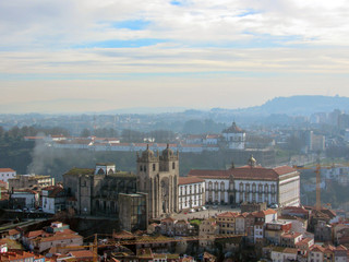 Aerial panoramic view of Porto with red tiled rooftops Porto Cathedral (Se do Porto) in Portugal, City break travel in Europe