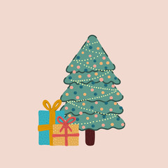 Vector of a Christmas tree decorated with some gifts on the floor.