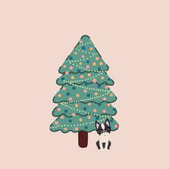 Vector of a decorated Christmas tree and with a Boston Terrier breed dog next to it.