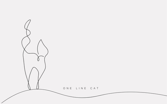Cat walking one line drawing isolated on the white background. Cute domestic animal, print for t shirt. Vector illustration.