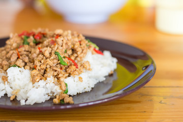 Rice topped stir-fried chicken and basil