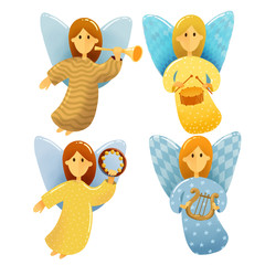 Little angel with wings holds a musical instruments drawing in kids stile on white background