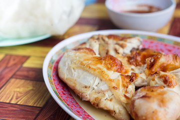 Detailed view of grilled chicken. Slices of grilled chicken breast.