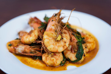 Shrimp with red curry, Thai food, closeup