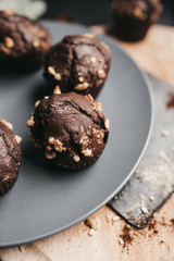 Close up of chocolate espresso muffin with walnuts