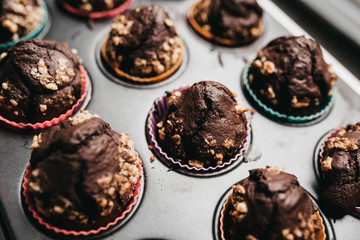 Close up of freshly baked chocolate muffins on muffin pan