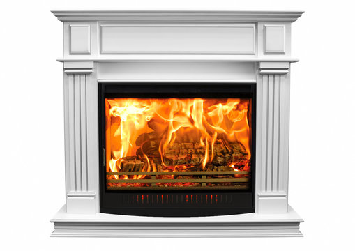 Burning white fireplace isolated on white background