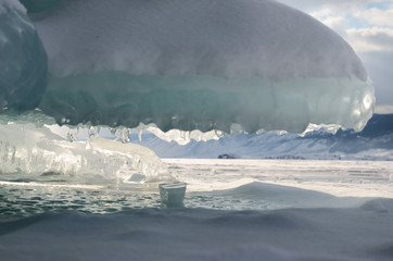 Close up. Frozen Baikal water. Transparent Ice blocks