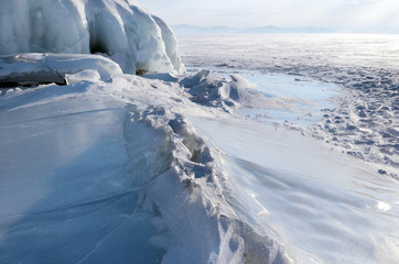 Ice blockes and hummocks on frozen lake Baikal