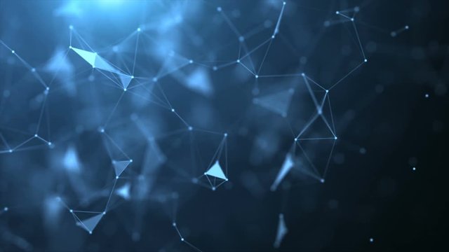 4K. Animation of Low poly chain connection lines with triangles. Glowing blue structure. Technology background