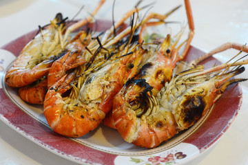 Grilled River Prawns on the plate, Thai food style