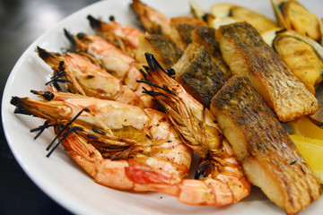 Close up of delicious grilled seafood platter, Thai food style