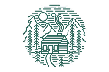 Wooden cabin in the woods, hills and mountains. Linear illustration