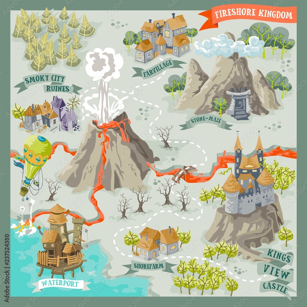 Wall mural fantasy land adventure map for cartography with colorful doodle hand draw in vector illustration