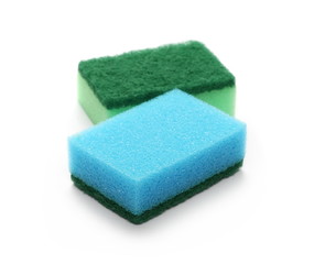 Green and blue sponges isolated on white background